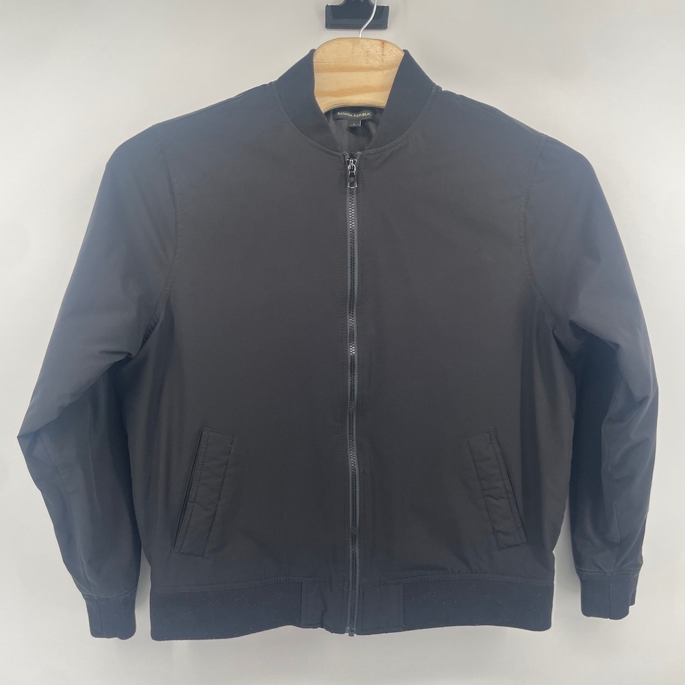 Banana Republic Bomber Jacket Mens Large Black Zip Up Ribbed Trim Lightweight